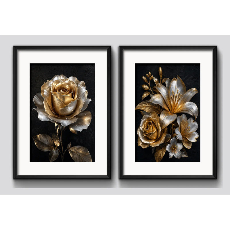 Set 2 Cuadros Flores Tonos Dorados Y Plateados Con Paspartú 43x33cm Cada Cuadro Negro