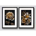 Set 2 Cuadros Flores Tonos Dorados Y Plateados Con Paspartú 43x33cm Cada Cuadro Negro