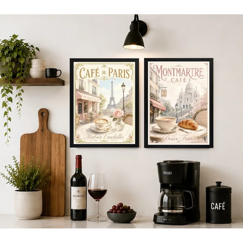 Set 2 Cuadros Café Paris Retro Parisino Decora Cocina Living Marco Negro