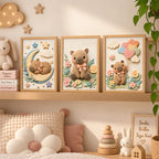 Set 3 Cuadros Infantil Bebe Carpincho Globos Flor Efecto 3d Marco Madera Oak Madera Clara