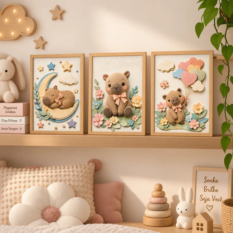 Set 3 Cuadros Infantil Bebe Carpincho Globos Flor Efecto 3d Marco Madera Oak Madera Clara