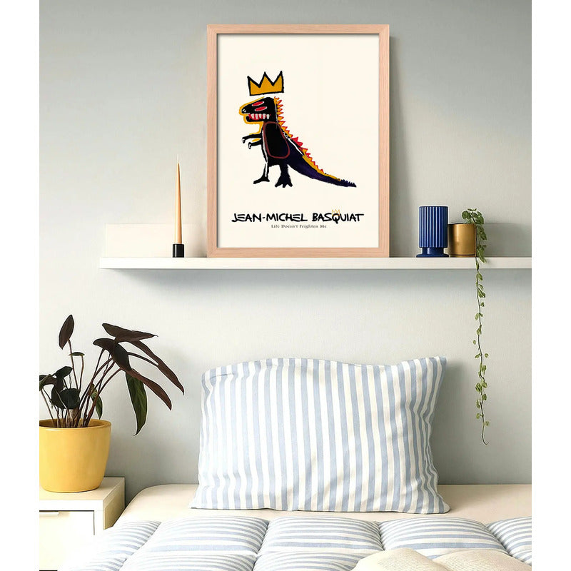 Cuadro Basquiat Dinosaurio Pez Dispenser Arte Urbano Oak Marco Marrón Claro