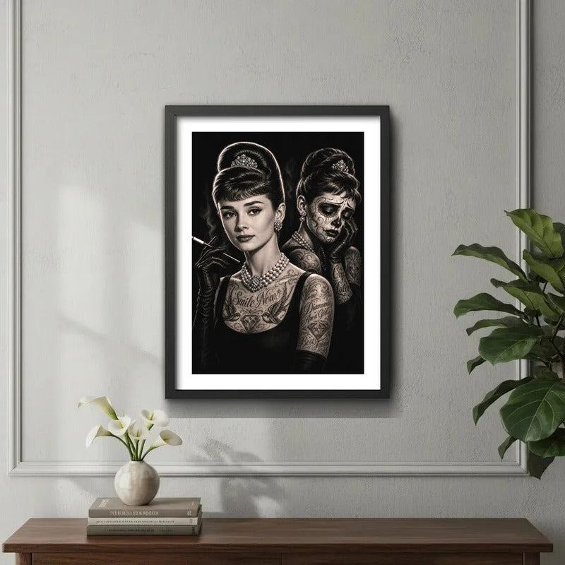 Cuadro Audrey Hepburn Tattoo Catrina Tatuaje Arte Retro Marco Negro