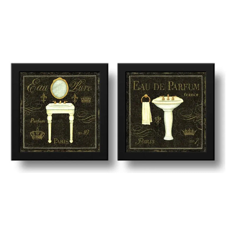Set 2 Cuadros Baño Retro Paris Decoracion Lavabo 33x33cm Marco Negro