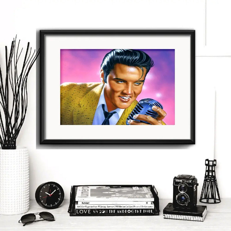 Cuadro Elvis Presley Rock Retro Decoracion Con Paspartú Elvis Microfono Art Con Marco Negro