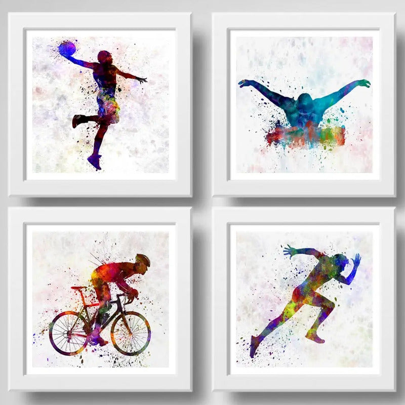 Set 4 Cuadros Carrera Natacion Basket Ciclismo Pop Art Decor