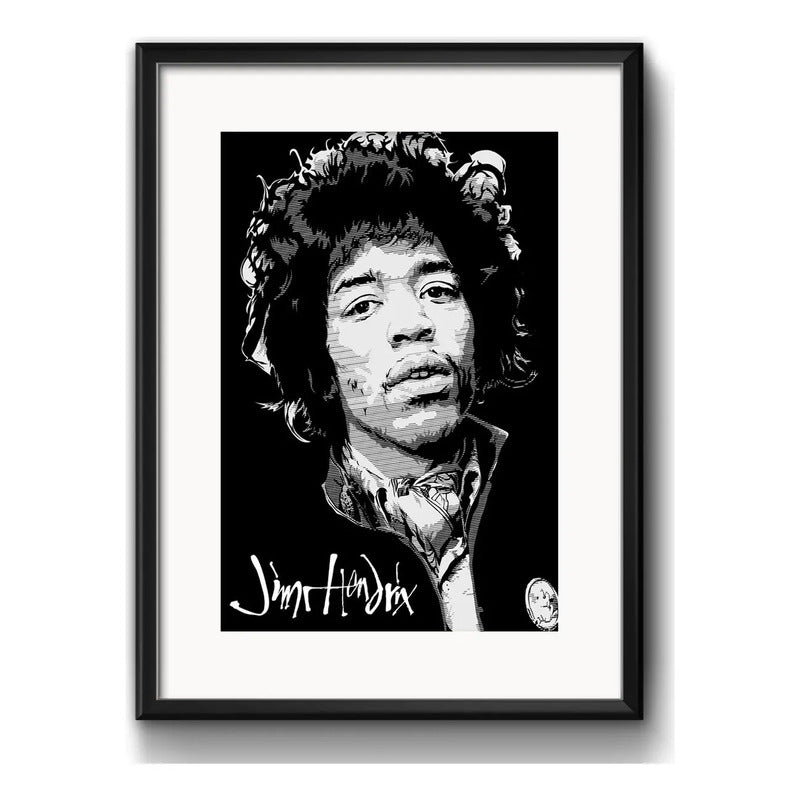 Cuadro Jimi Hendrix Blanco Y Negro Rock Decoracion Paspartú Marco Negro