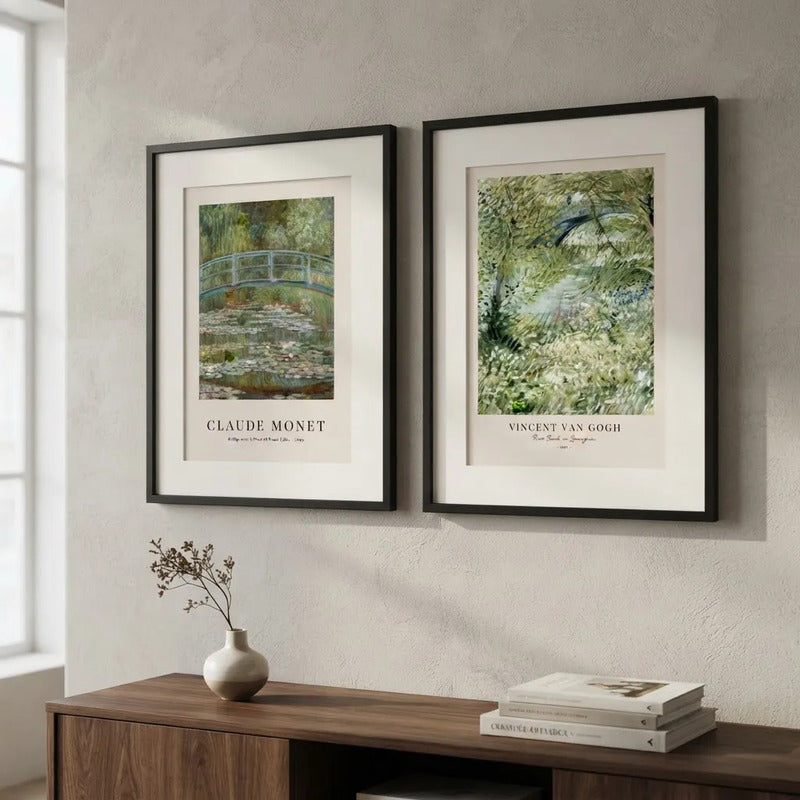 Set 2 Cuadros Living Claude Monet Van Gogh Brs2 Con Paspartu Marco Negro