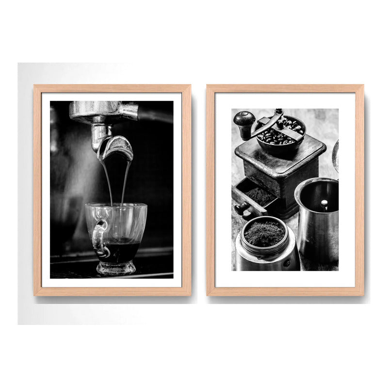 Set 2 Cuadros Cafe Espresso Making Coffee Cafetería Cocina Marco Madera Natural Oak