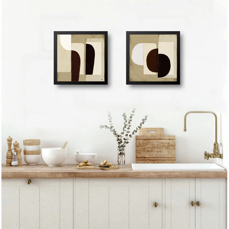 Set 2 Cuadros Dormitorio Living Boho Abstracto Tonos Beige Marco Negro
