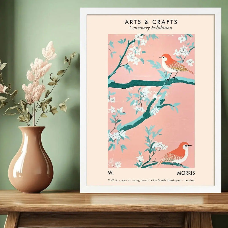 Cuadro Pájaros Y Flores De Cerezo Botanico William Morris Marco Blanco