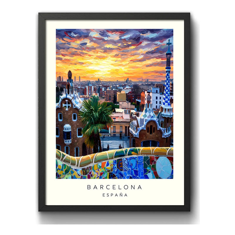 Cuadro Barcelona Espana Park Güell Casas Antiguas Paisajes Marco Negro