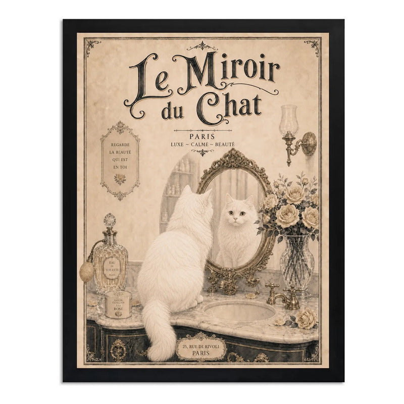 Cuadro Baño Gato Blanco Espejo Le Chat Blanc Paris Retro Art Marco Negro
