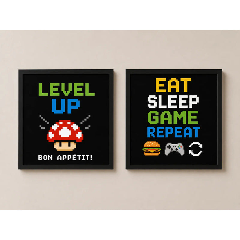 Set 2 Cuadros Cocina Geek Game Bon Appetit Frase Videojuego Marco Negro
