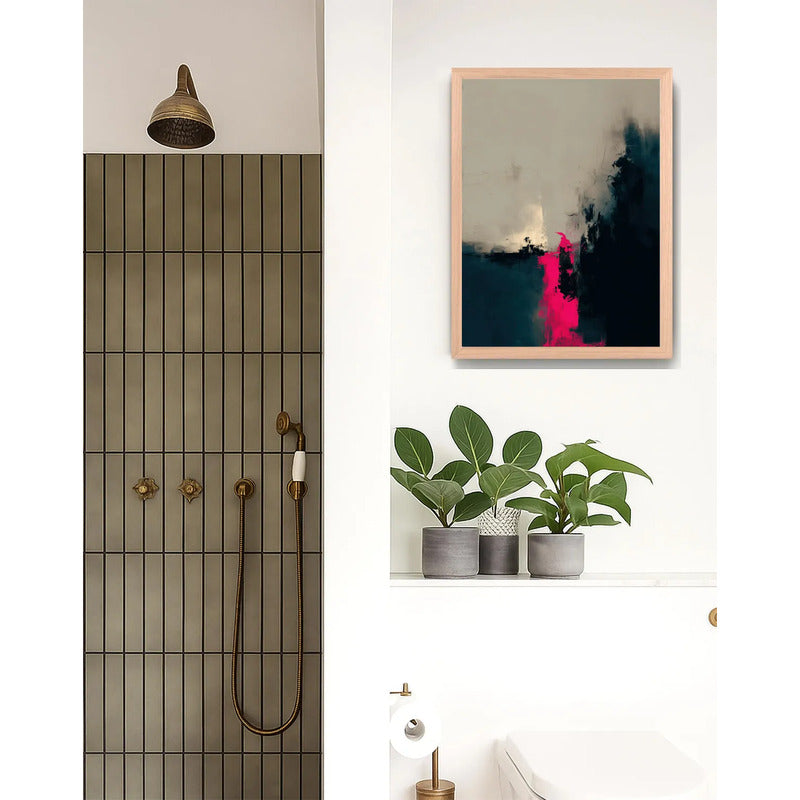 Cuadro Dormitorio Living Boho Abstracto Neón Rosa Beige Oak Marco Marrón Claro