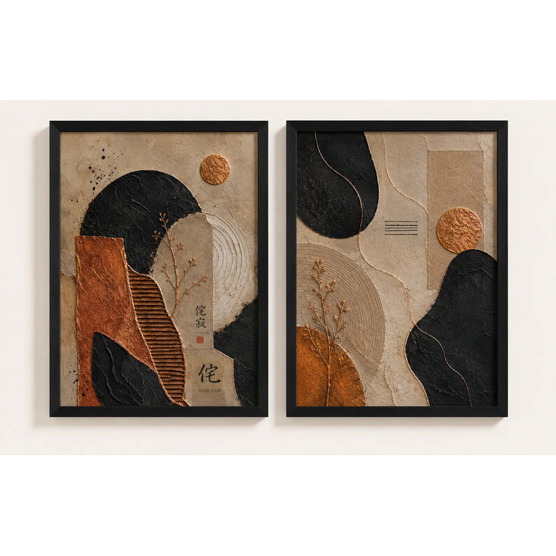 Set 2 Cuadros Boho Abstracto Texturas Bronce Decora Living Marco Negro