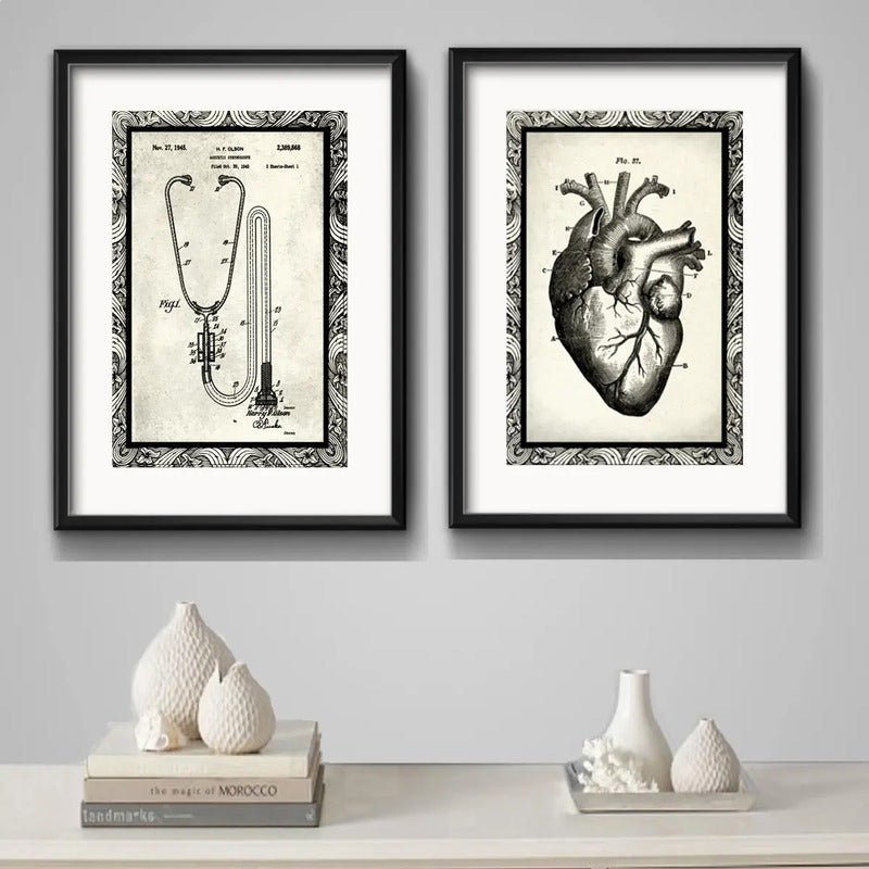 Set 2 Cuadros Estetoscópio Corazón Medico Arte Con Paspartu