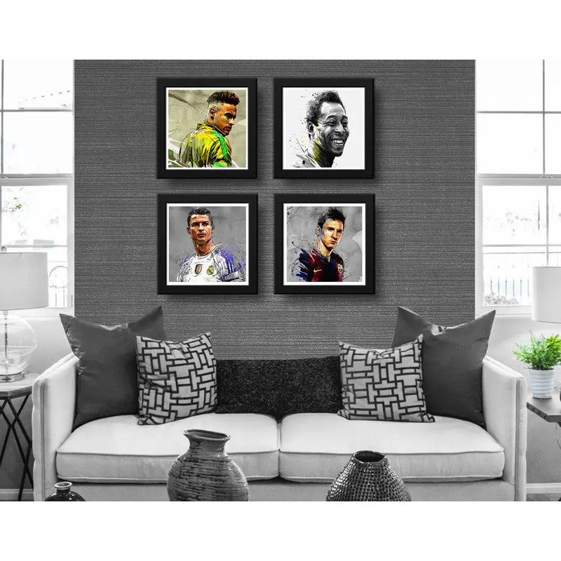Set 4 Cuadros Messi Neymar Pelé Cristiano Ronaldo 33x33cm Marco Negro