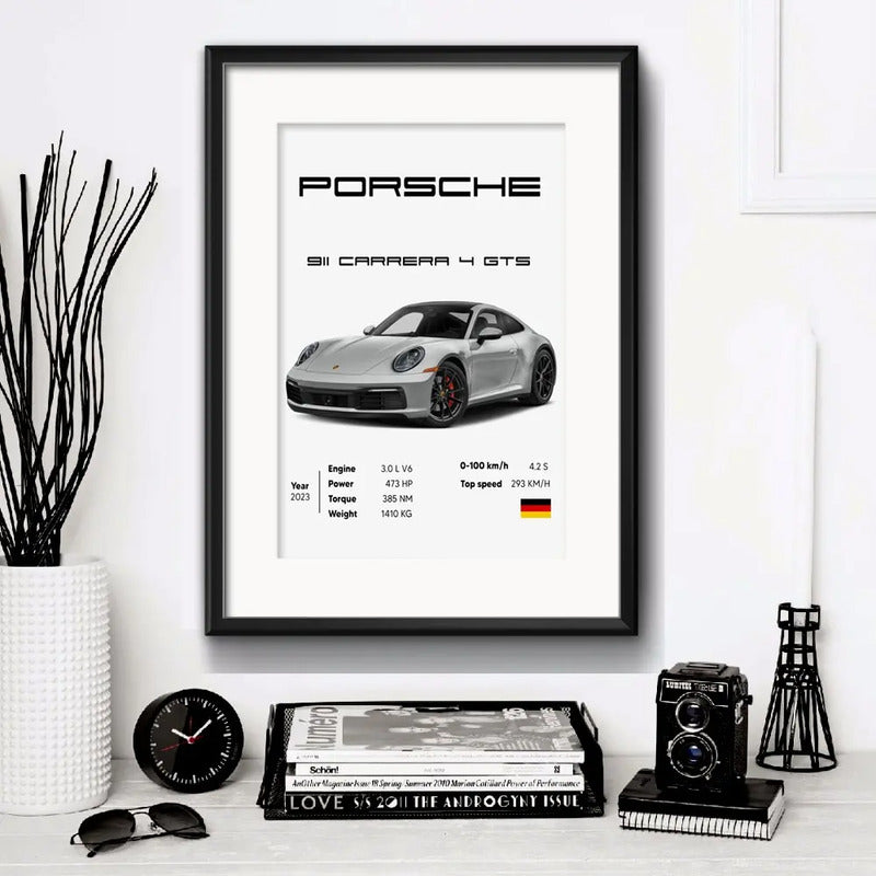 Cuadro Autos Y Camionetas Modelos Marcas Arte Con Paspartu Porsche Carrera 911 4 Gts Con Marco Negro