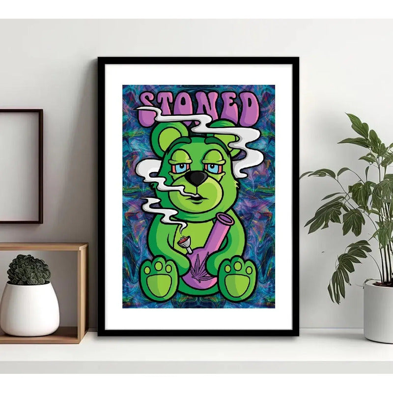 Cuadro Oso Stoned Weed Cannabis Arte Club Decoracion Shop Marco Negro