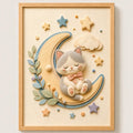 Cuadro Dormitorio Infantil Bebe Gato Luna Estrella Efecto 3d Marco Madera Oak Madera Clara