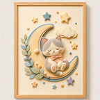 Cuadro Dormitorio Infantil Bebe Gato Luna Estrella Efecto 3d Marco Madera Oak Madera Clara
