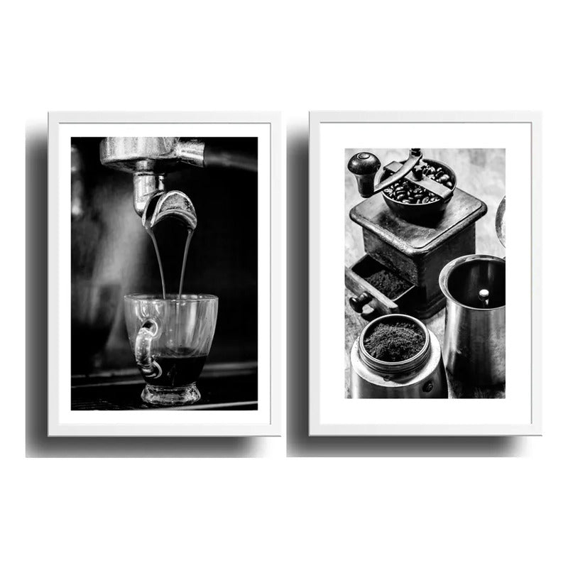 Set 2 Cuadros Cafe Espresso Making Coffee Cafetería Cocina Marco Blanco