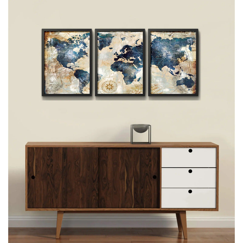 Set 3 Cuadros Mapamundi Mapa Mundo Brs10 Decoracion Oficina Marco Negro