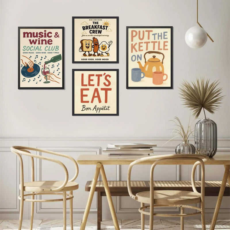 Wall 4 Cuadros Para Cocina Comedor Living Decoracion Moderna Frases Retro Vino Mate Te Desayuno Bon Appetit Con Marco Negro