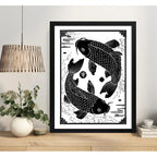 Cuadro Koi Peces Armonía Yin Yang Blanco Y Negro Decoracion Marco Negro