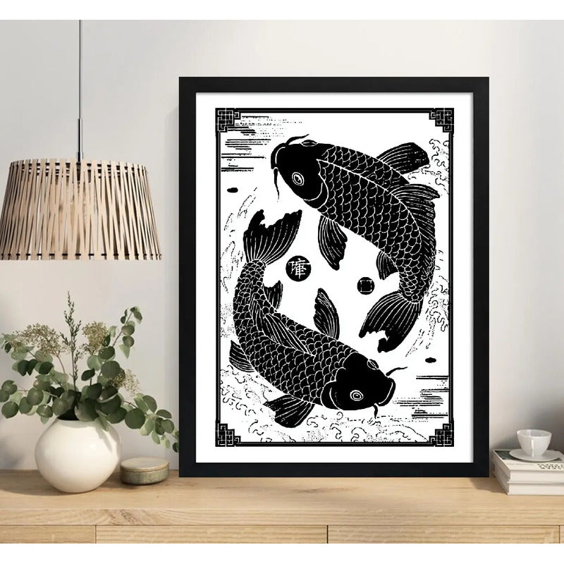 Cuadro Koi Peces Armonía Yin Yang Blanco Y Negro Decoracion Marco Negro