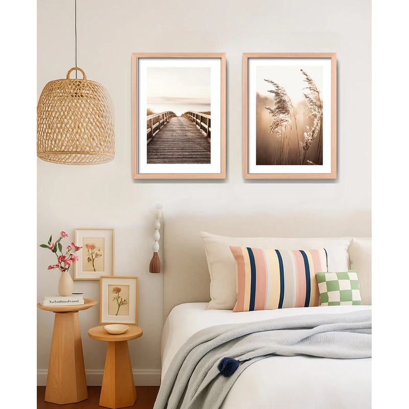 Set 2 Cuadros Paisajes De Playa Tonos Beige Neutros Calidos Marco Madera Natural Oak