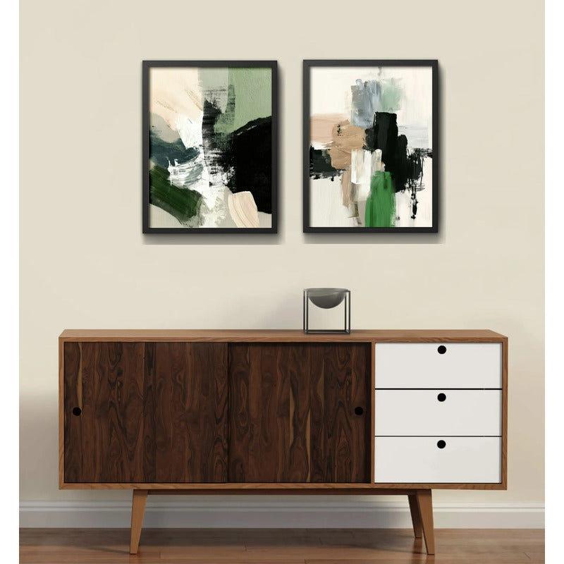 Set 2 Cuadros Dormitorio Living Abstracto Mossy Calm 2 Verde Marco Negro
