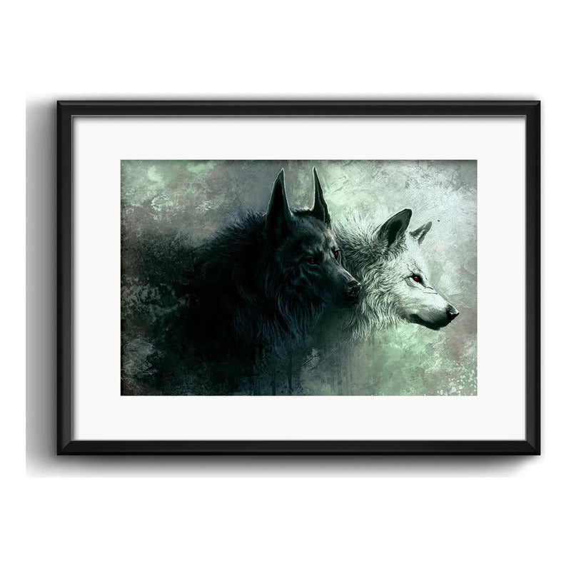 Cuadro Lobos Salvajes Blanco Y Negro Decoracion Con Paspartú Marco Negro