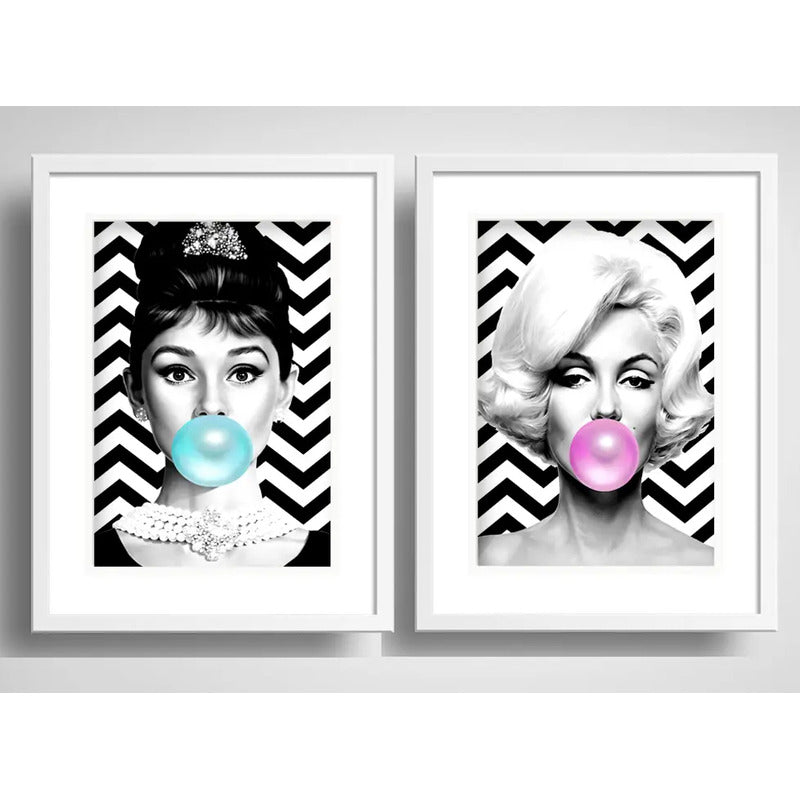 Set 2 Cuadros Marilyn Monroe Audrey Hepburn Chicle Paspartu