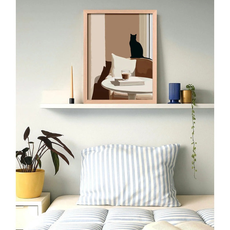 Cuadro Living Cocina Gato Cafe Arte Cozy Cat Tono Neutro Oak Marco Marrón Claro