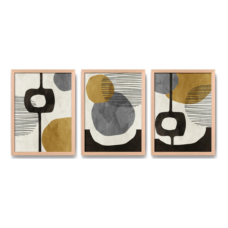 Set 3 Cuadros Dormitorio Living Boho Abstract Tonos Terrosos Marco Madera Natural Oak
