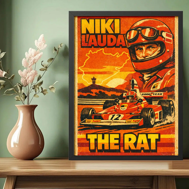 Cuadro Niki Lauda The Rat Piloto Auto Formula 1 Arte Retro Marco Negro