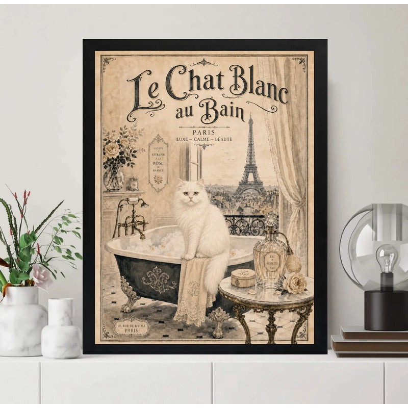 Cuadro Baño Gato Blanco Bañera Le Chat Blanc Paris Retro Art Marco Negro