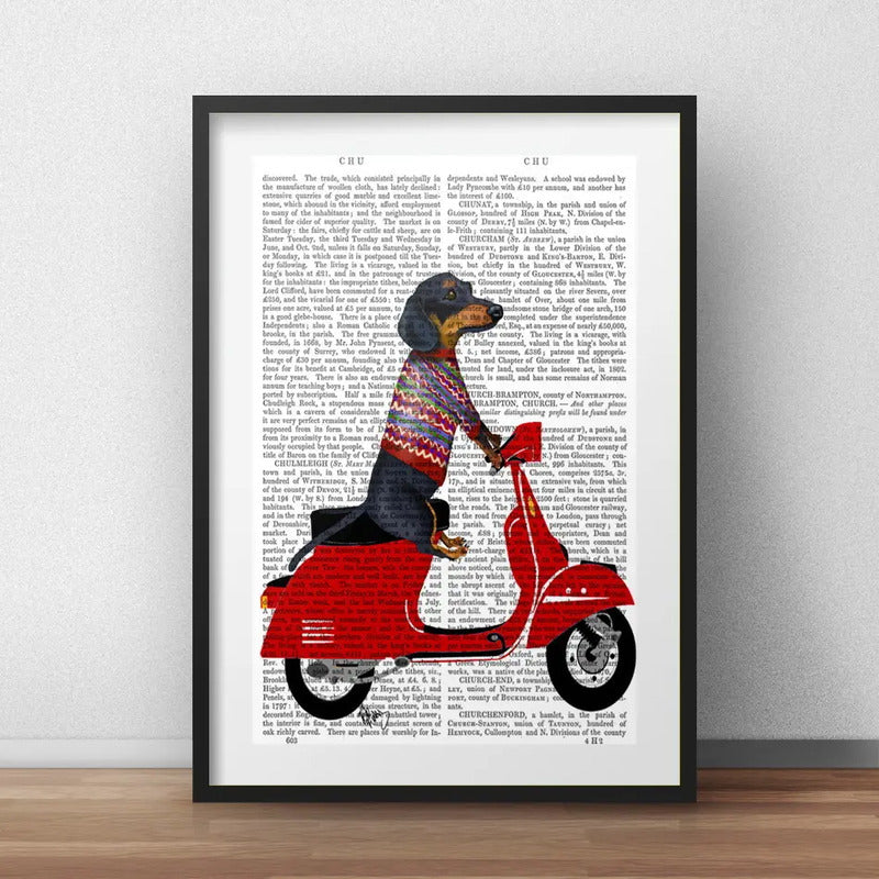 Cuadro Perro Dachshund Lambretta Retro Motoclub Con Paspartu Marco Negro