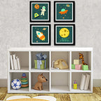 Set 4 Cuadros Astronauta Luna Infantil Dormitorio Decoracion Marco Negro