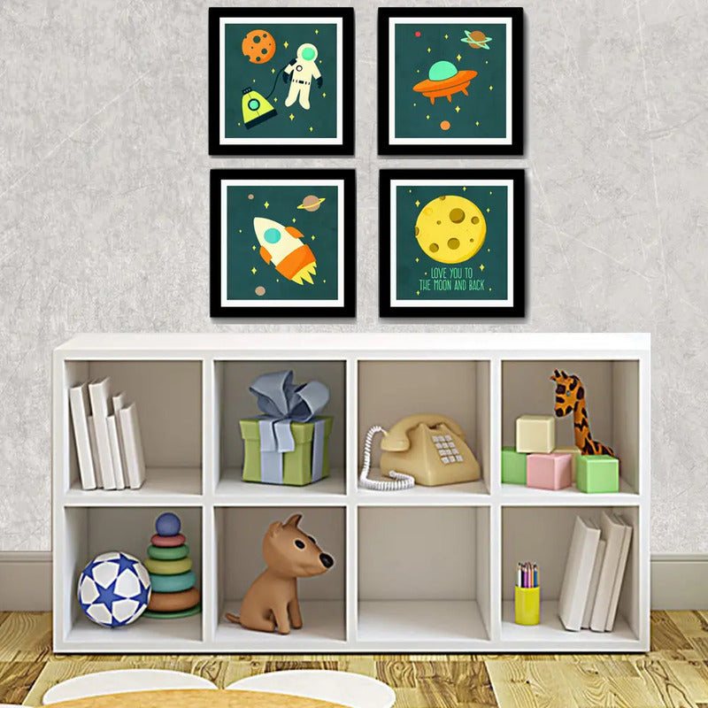 Set 4 Cuadros Astronauta Luna Infantil Dormitorio Decoracion Marco Negro