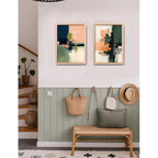 Set 2 Cuadros Dormitorio Living Abstracto Arte Verde Durazno Marco Marrón Claro
