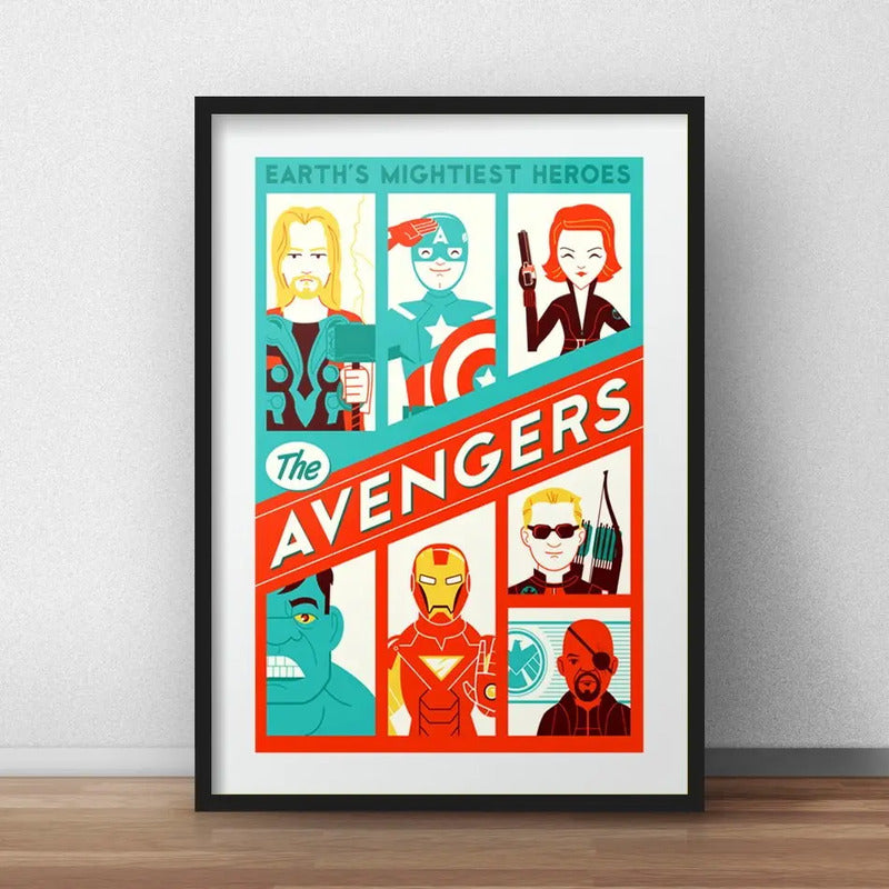 Cuadro The Avengers Minimalista Comics Heroes Con Paspartú Marco Negro