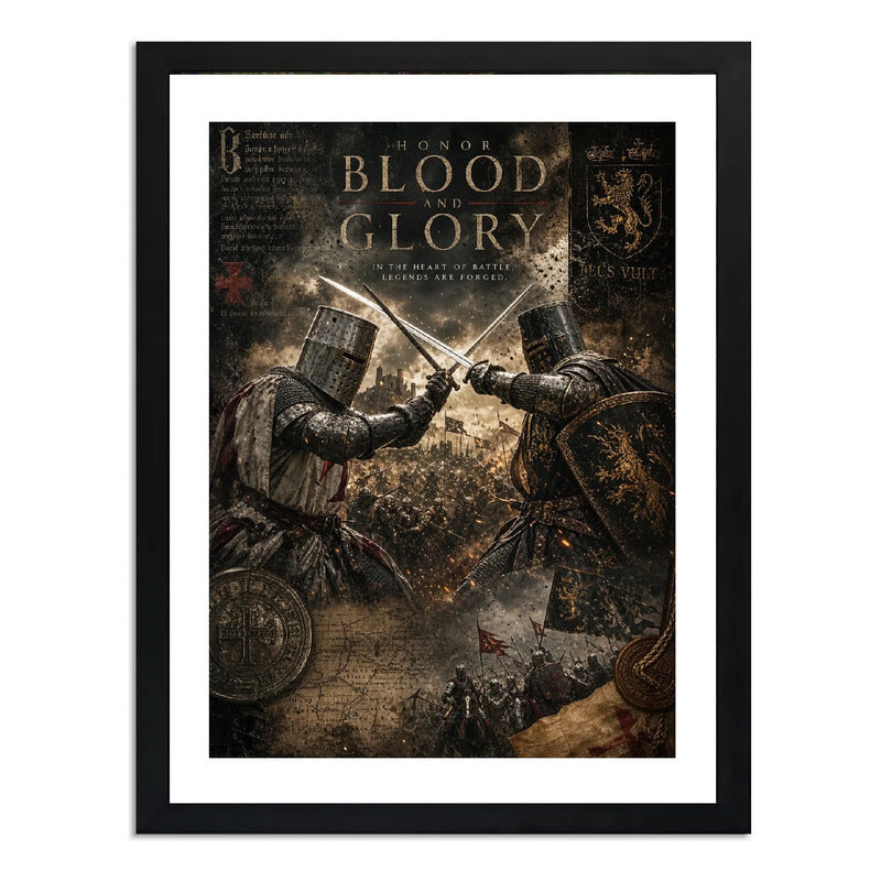 Cuadro Medieval Batalla Caballeros Armadura Arte Vintage Marco Negro