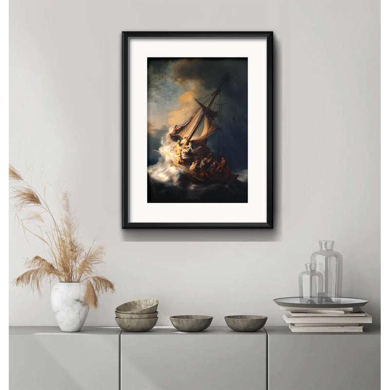 Cuadro Rembrandt Estilo Arte Barroco 53x43cm Con Paspartú La Tormenta En El Mar De Galilea Con Marco Negro