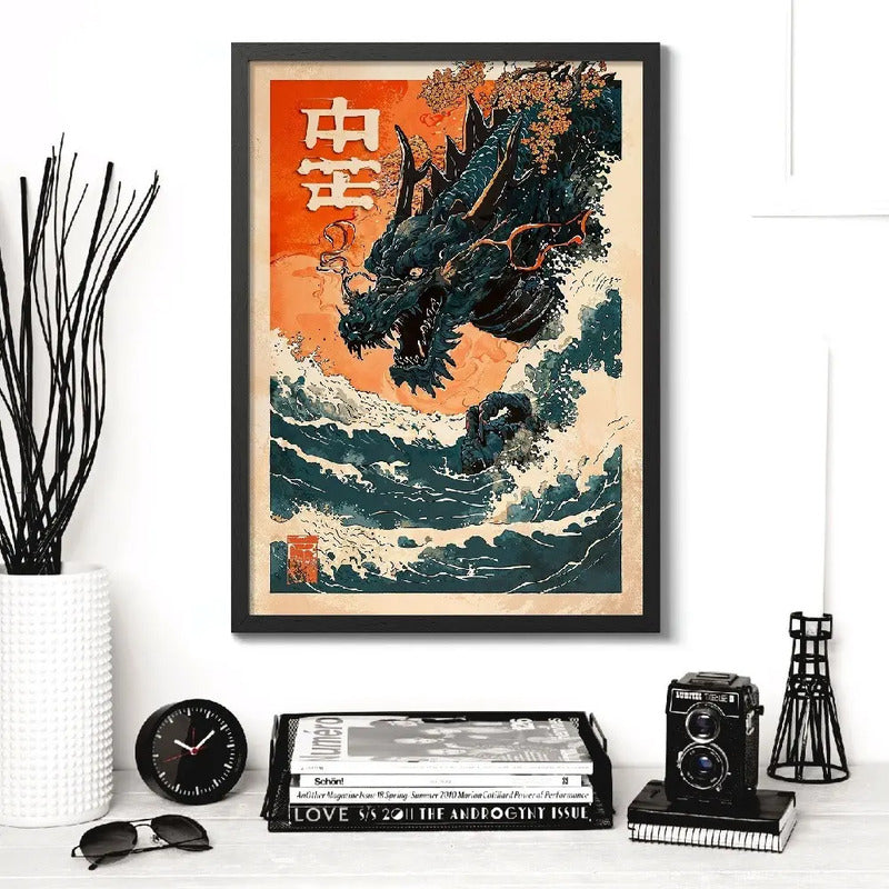 Cuadro La Gran Ola Dragón Arte Japonés Anime Decoracion Dragón Japón 2 Marco Negro