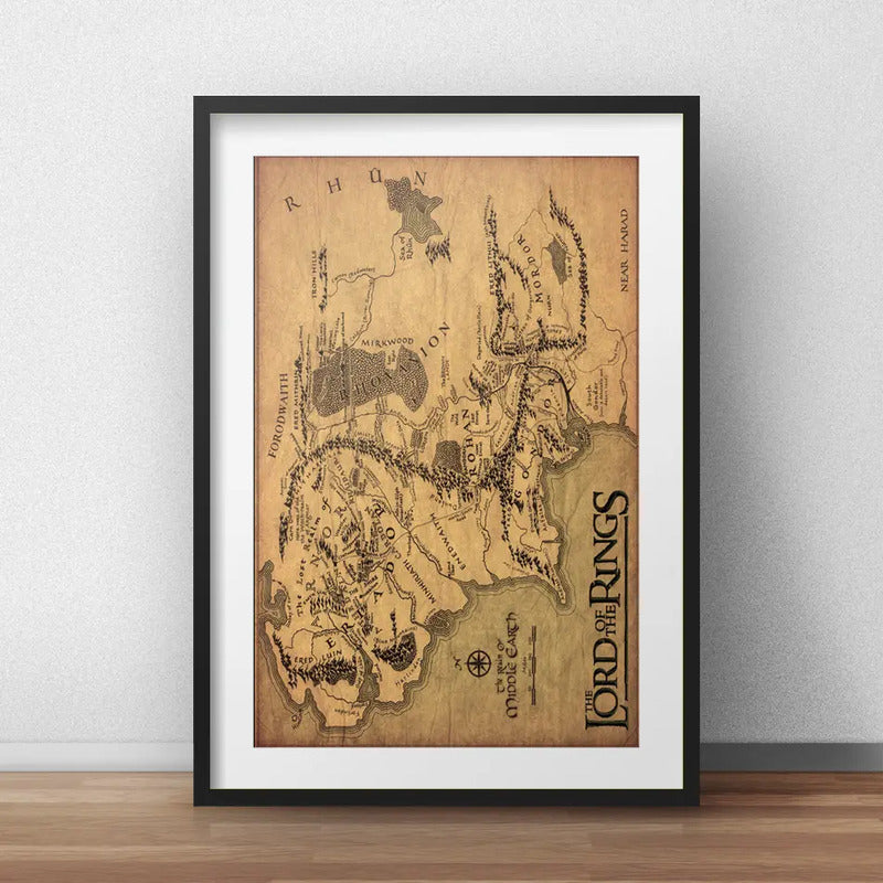 Cuadro Mapa Medieval El Señor De Los Anillos Con Paspartú Marco Negro
