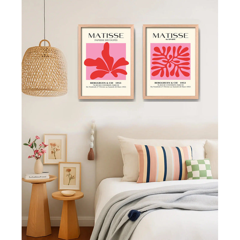 Set 2 Cuadros Dormitorio Living Matisse Tonos Rosa Pink Marco Marrón Claro