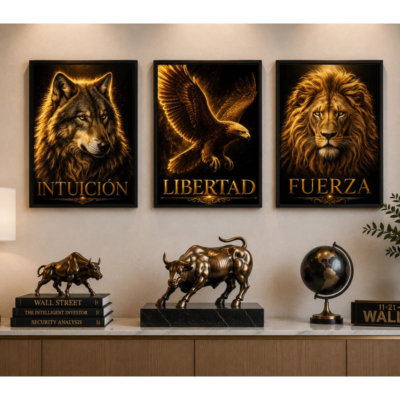 Set 3 Cuadros Motivacional Lobo León Águila Brs4 Oficina Marco Negro